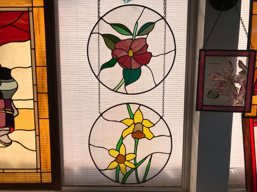 Pair Of Round One-Of-A-Kind Hand Crafted Artist Stained Glass Windows By Maria 'Rita' Becker 13.5R [Photo 2]