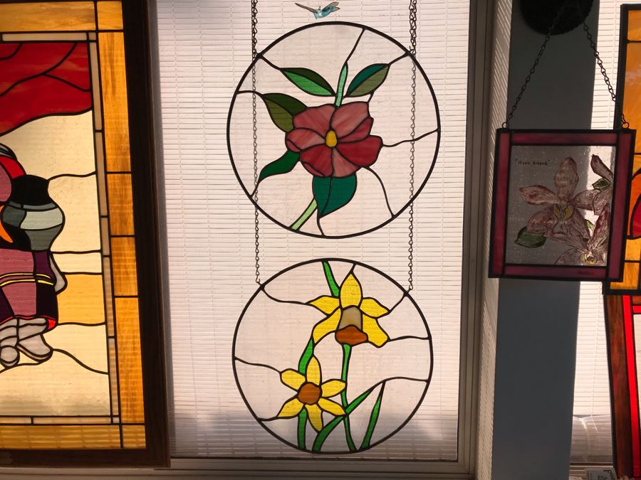 Pair Of Round One-Of-A-Kind Hand Crafted Artist Stained Glass Windows By Maria 'Rita' Becker 13.5R