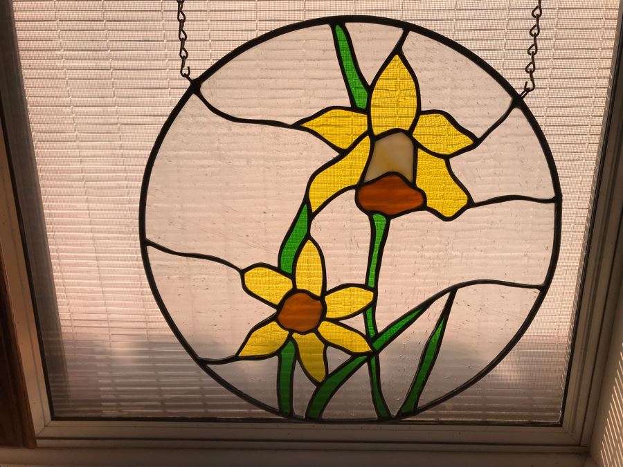 Pair Of Round One-Of-A-Kind Hand Crafted Artist Stained Glass Windows By Maria 'Rita' Becker 13.5R [Photo 3]