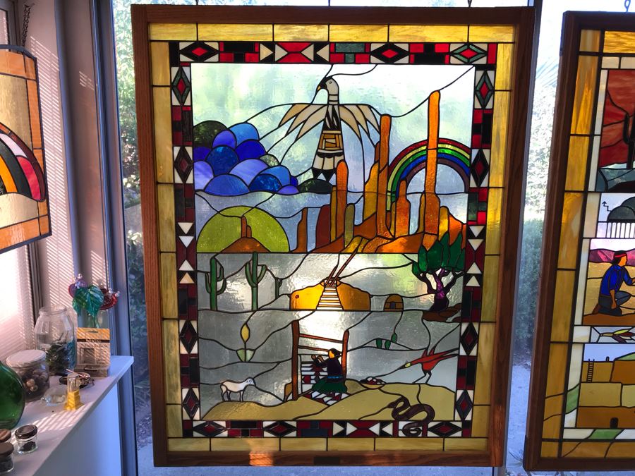 Stunning Large One-Of-A-Kind Hand Crafted Artist Stained Glass Window Titled 'Indian Summer' By Maria Christina Becker 40 X 50 Retailed For $2,500 In 1970s [Photo 2]