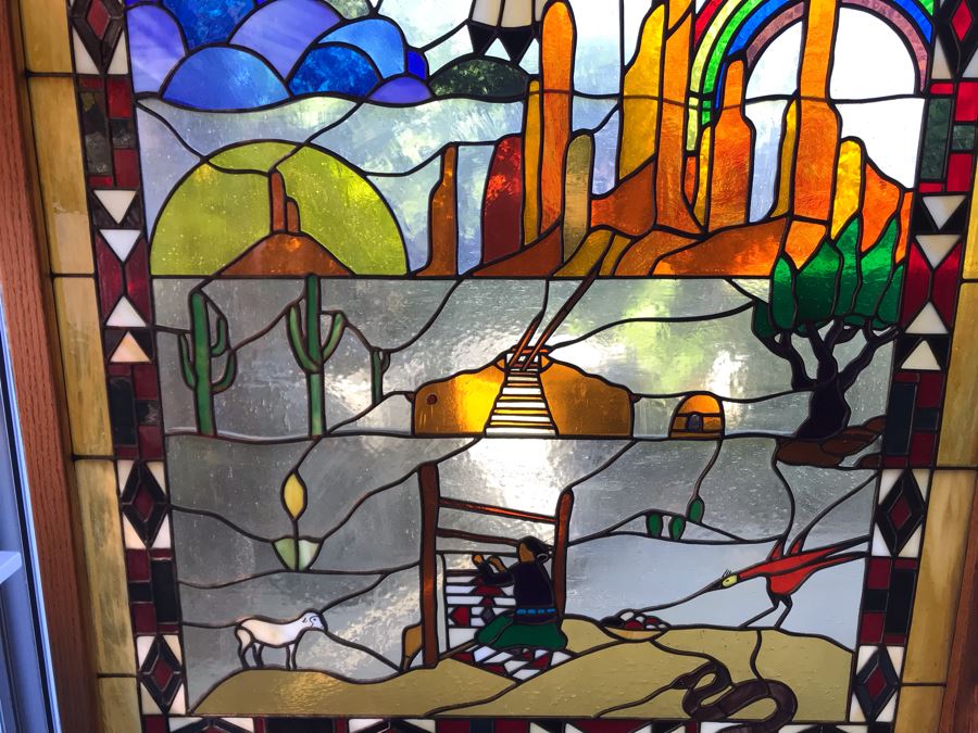 Stunning Large One-Of-A-Kind Hand Crafted Artist Stained Glass Window Titled 'Indian Summer' By Maria Christina Becker 40 X 50 Retailed For $2,500 In 1970s [Photo 10]