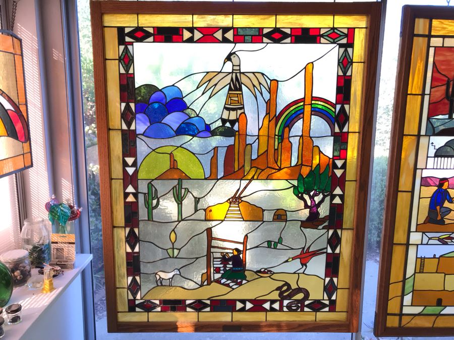 Stunning Large One-Of-A-Kind Hand Crafted Artist Stained Glass Window Titled 'Indian Summer' By Maria Christina Becker 40 X 50 Retailed For $2,500 In 1970s