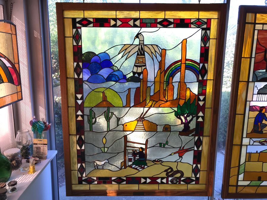 Stunning Large One-Of-A-Kind Hand Crafted Artist Stained Glass Window Titled 'Indian Summer' By Maria Christina Becker 40 X 50 Retailed For $2,500 In 1970s [Photo 3]