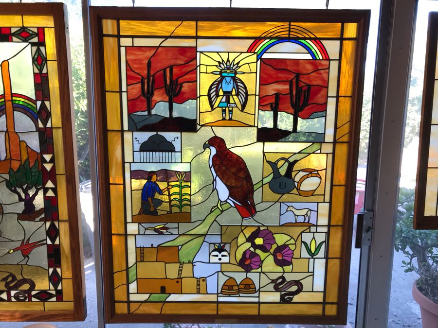 Stunning Large One-Of-A-Kind Handcrafted Artist Stained Glass Window Titled 'Impressions Of The Southwest' By Maria C. 'Rita' Becker 41 X 51 Retailed For $2,500 In 1970s [Photo 2]