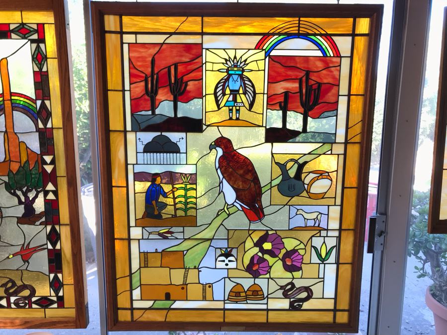 Stunning Large One-Of-A-Kind Handcrafted Artist Stained Glass Window Titled 'Impressions Of The Southwest' By Maria C. 'Rita' Becker 41 X 51 Retailed For $2,500 In 1970s