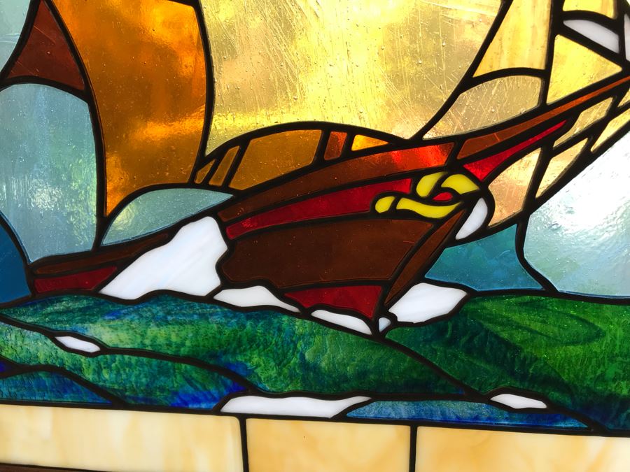 Stunning One-Of-A-Kind Handcrafted Artist Stained Glass Window Of Sailboat By Maria C. 'Rita' Becker 27 X 33 [Photo 8]