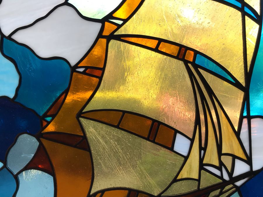 Stunning One-Of-A-Kind Handcrafted Artist Stained Glass Window Of Sailboat By Maria C. 'Rita' Becker 27 X 33 [Photo 7]