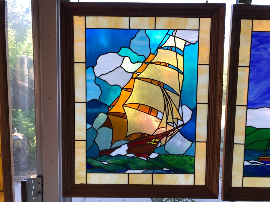 Stunning One-Of-A-Kind Handcrafted Artist Stained Glass Window Of Sailboat By Maria C. 'Rita' Becker 27 X 33 [Photo 3]