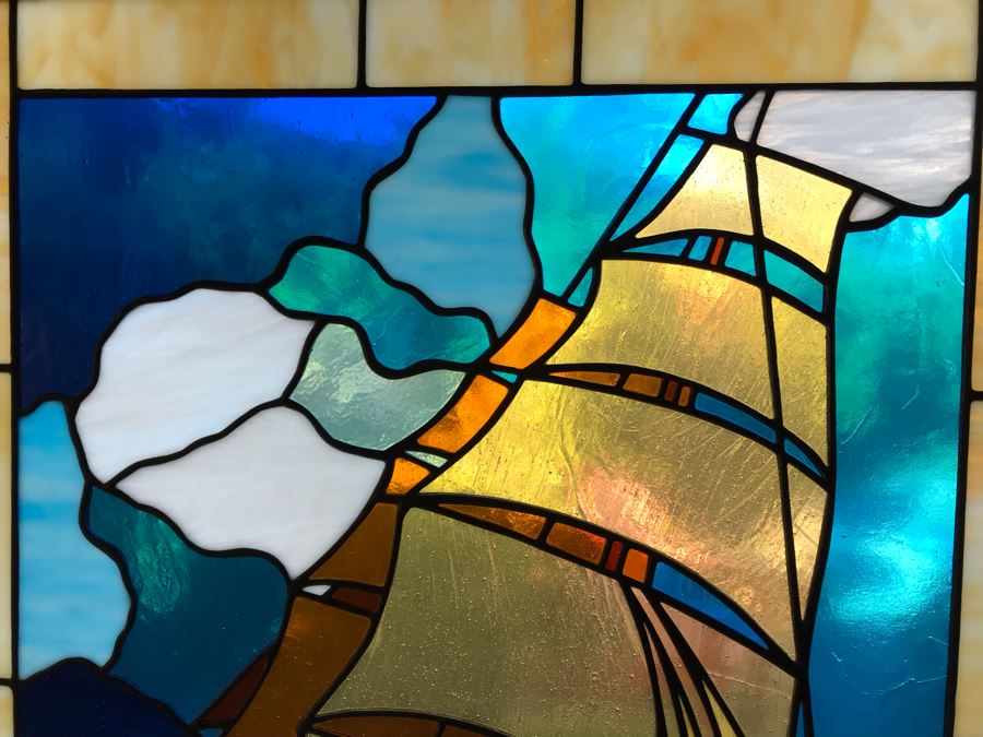 Stunning One-Of-A-Kind Handcrafted Artist Stained Glass Window Of Sailboat By Maria C. 'Rita' Becker 27 X 33 [Photo 6]