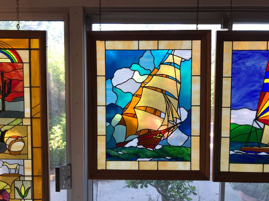 Stunning One-Of-A-Kind Handcrafted Artist Stained Glass Window Of Sailboat By Maria C. 'Rita' Becker 27 X 33 [Photo 2]