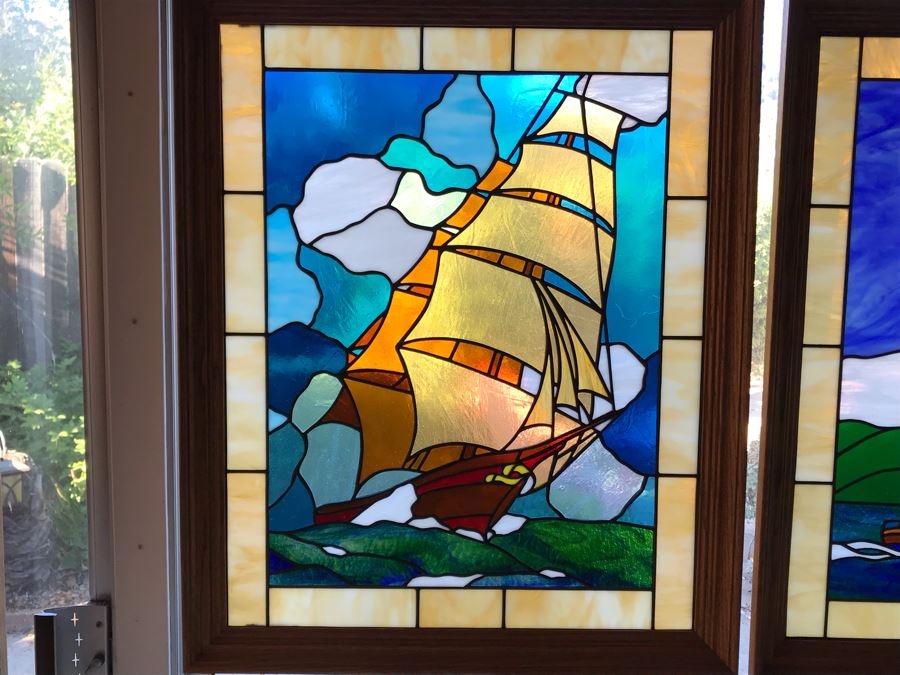Stunning One-Of-A-Kind Handcrafted Artist Stained Glass Window Of Sailboat By Maria C. 'Rita' Becker 27 X 33 [Photo 4]