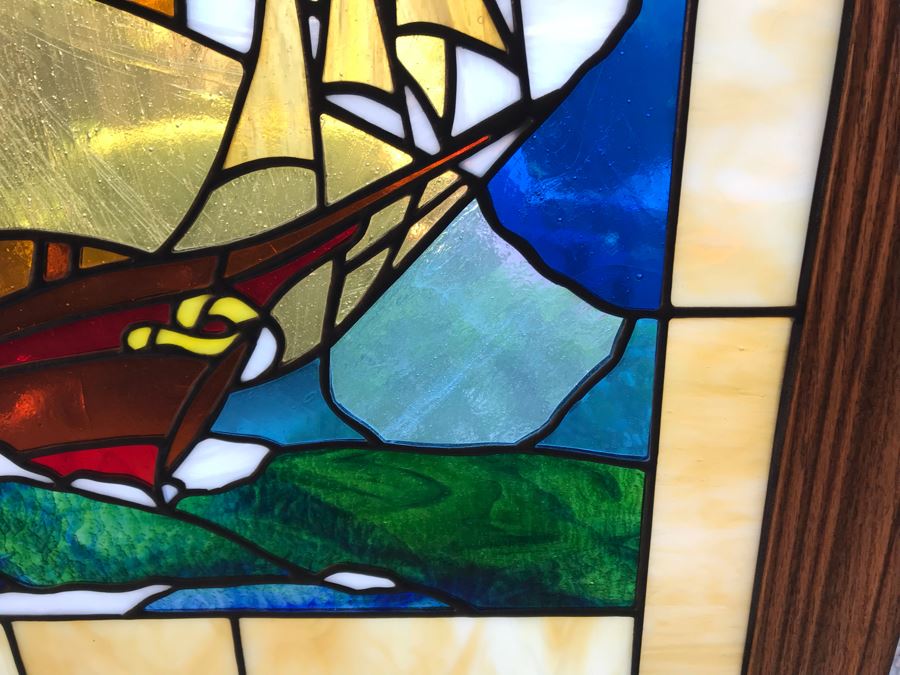 Stunning One-Of-A-Kind Handcrafted Artist Stained Glass Window Of Sailboat By Maria C. 'Rita' Becker 27 X 33 [Photo 10]