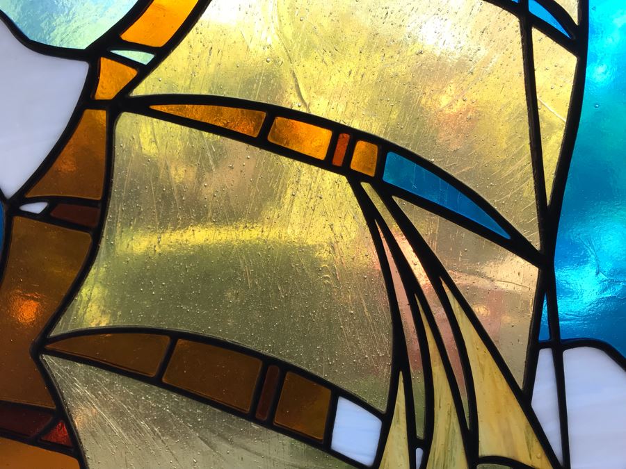Stunning One-Of-A-Kind Handcrafted Artist Stained Glass Window Of Sailboat By Maria C. 'Rita' Becker 27 X 33 [Photo 11]