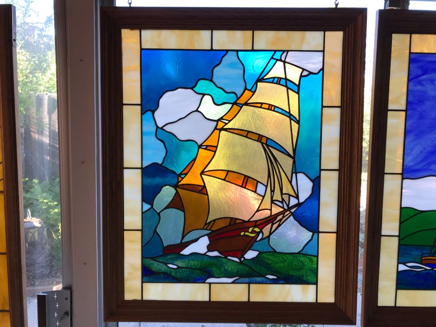 Stunning One-Of-A-Kind Handcrafted Artist Stained Glass Window Of Sailboat By Maria C. 'Rita' Becker 27 X 33