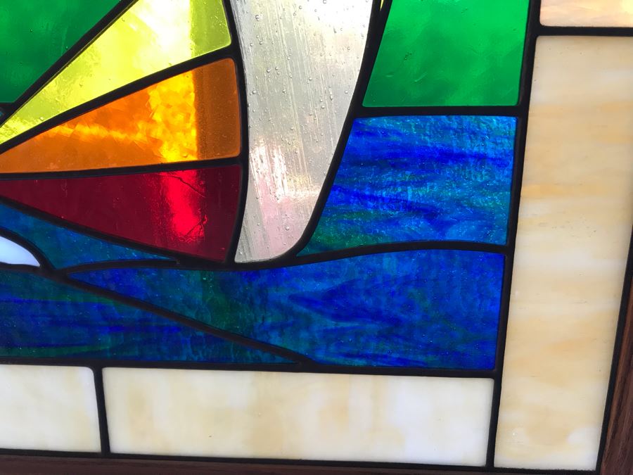 Stunning One-Of-A-Kind Handcrafted Artist Stained Glass Window Of Sailboat By Maria C. 'Rita' Becker 27 X 33 [Photo 8]