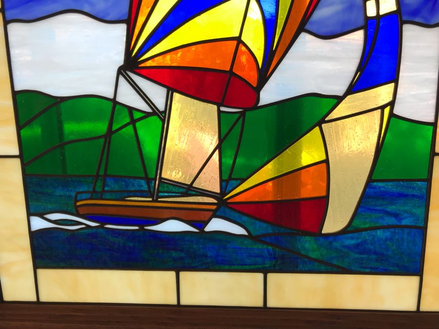Stunning One-Of-A-Kind Handcrafted Artist Stained Glass Window Of Sailboat By Maria C. 'Rita' Becker 27 X 33 [Photo 6]