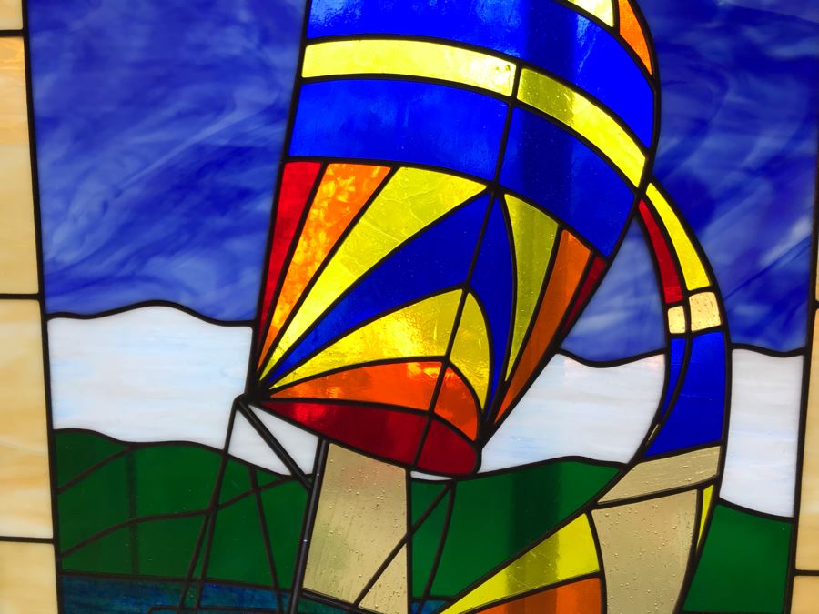 Stunning One-Of-A-Kind Handcrafted Artist Stained Glass Window Of Sailboat By Maria C. 'Rita' Becker 27 X 33 [Photo 5]