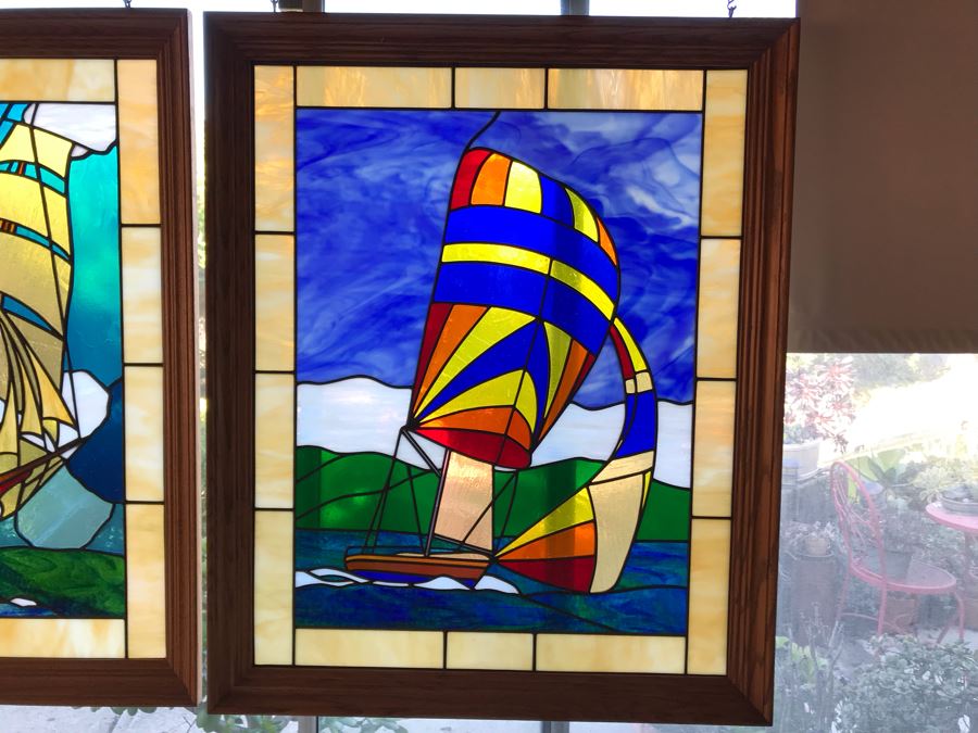 Stunning One-Of-A-Kind Handcrafted Artist Stained Glass Window Of Sailboat By Maria C. 'Rita' Becker 27 X 33