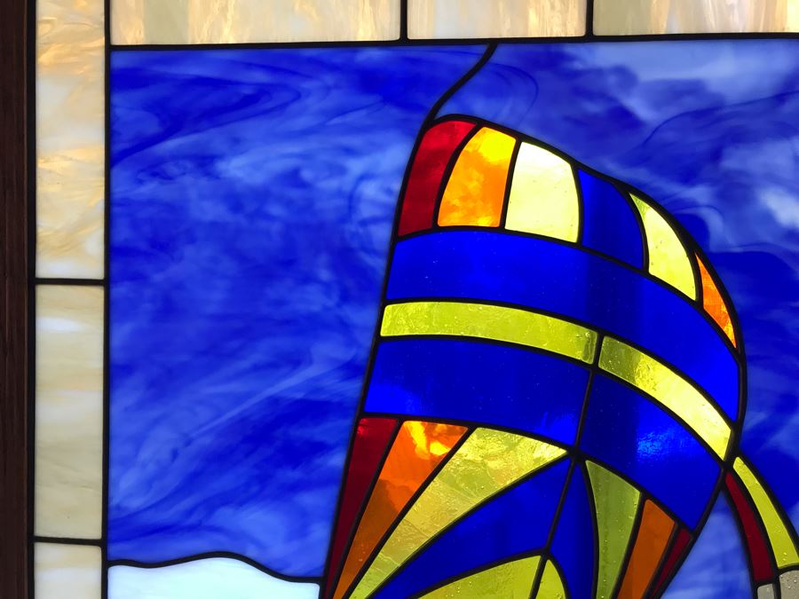 Stunning One-Of-A-Kind Handcrafted Artist Stained Glass Window Of Sailboat By Maria C. 'Rita' Becker 27 X 33 [Photo 4]