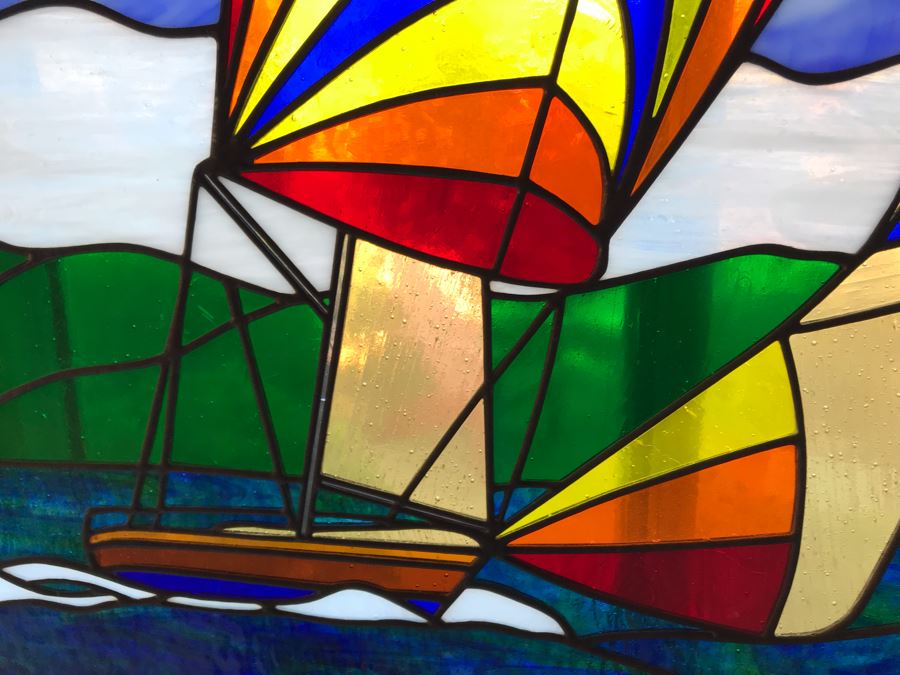 Stunning One-Of-A-Kind Handcrafted Artist Stained Glass Window Of Sailboat By Maria C. 'Rita' Becker 27 X 33 [Photo 7]