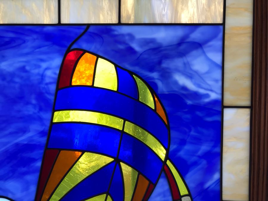 Stunning One-Of-A-Kind Handcrafted Artist Stained Glass Window Of Sailboat By Maria C. 'Rita' Becker 27 X 33 [Photo 3]