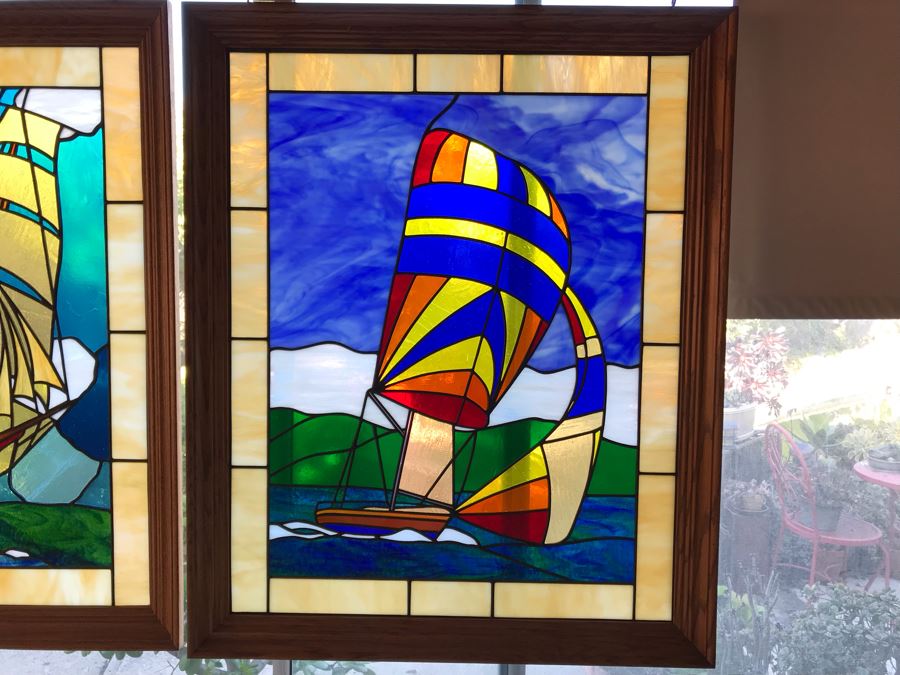 Stunning One-Of-A-Kind Handcrafted Artist Stained Glass Window Of Sailboat By Maria C. 'Rita' Becker 27 X 33 [Photo 2]