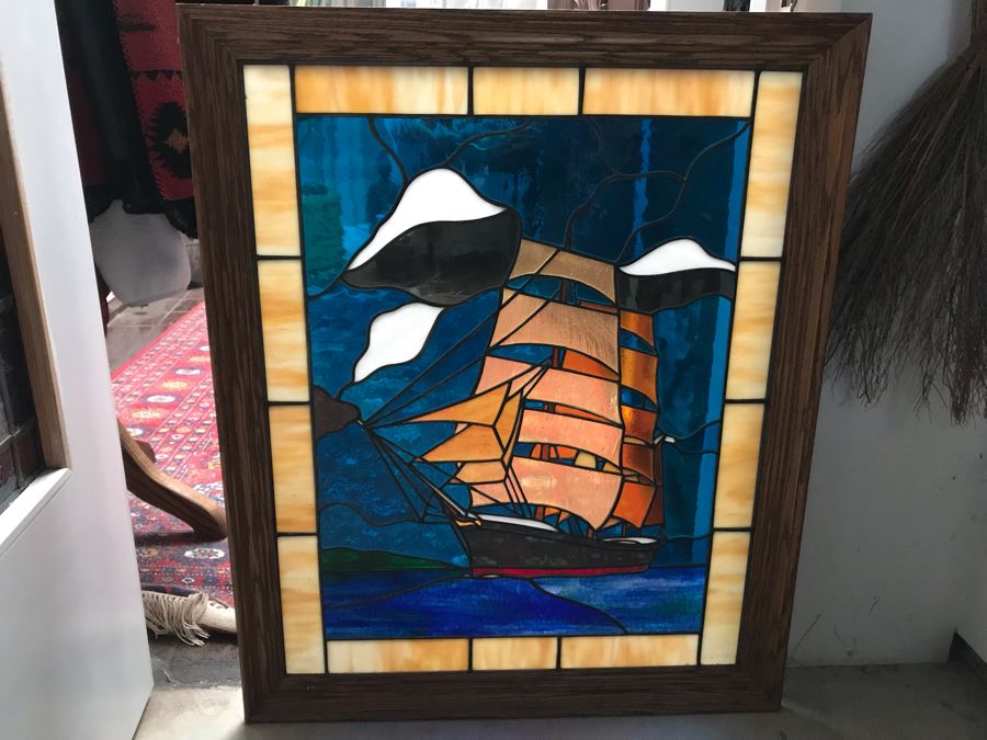 Stunning One-Of-A-Kind Handcrafted Artist Stained Glass Window Of The Star Of India Sailboat By Maria C. 'Rita' Becker 27 X 33