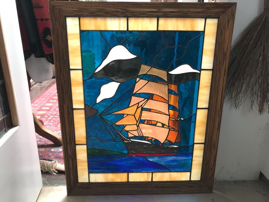Stunning One-Of-A-Kind Handcrafted Artist Stained Glass Window Of The Star Of India Sailboat By Maria C. 'Rita' Becker 27 X 33 [Photo 3]