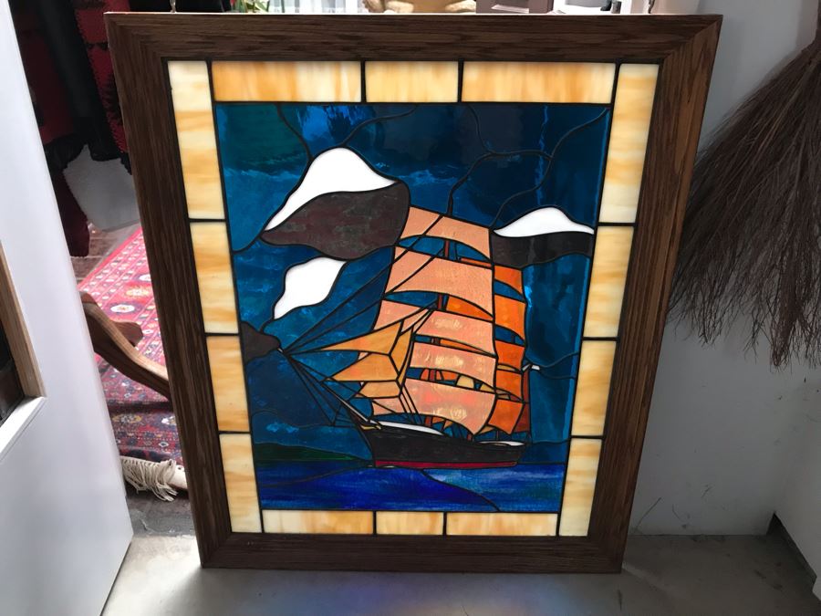 Stunning One-Of-A-Kind Handcrafted Artist Stained Glass Window Of The Star Of India Sailboat By Maria C. 'Rita' Becker 27 X 33 [Photo 4]
