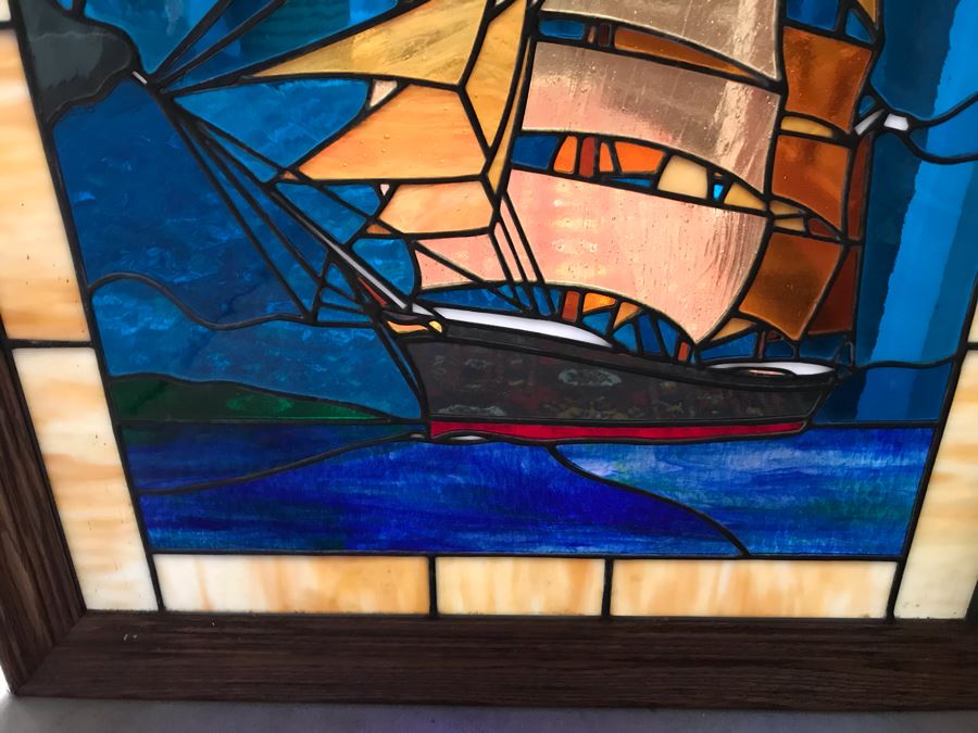 Stunning One-Of-A-Kind Handcrafted Artist Stained Glass Window Of The Star Of India Sailboat By Maria C. 'Rita' Becker 27 X 33 [Photo 6]