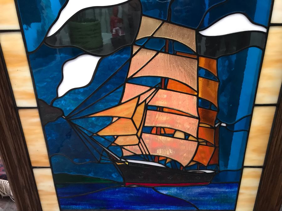 Stunning One-Of-A-Kind Handcrafted Artist Stained Glass Window Of The Star Of India Sailboat By Maria C. 'Rita' Becker 27 X 33 [Photo 5]