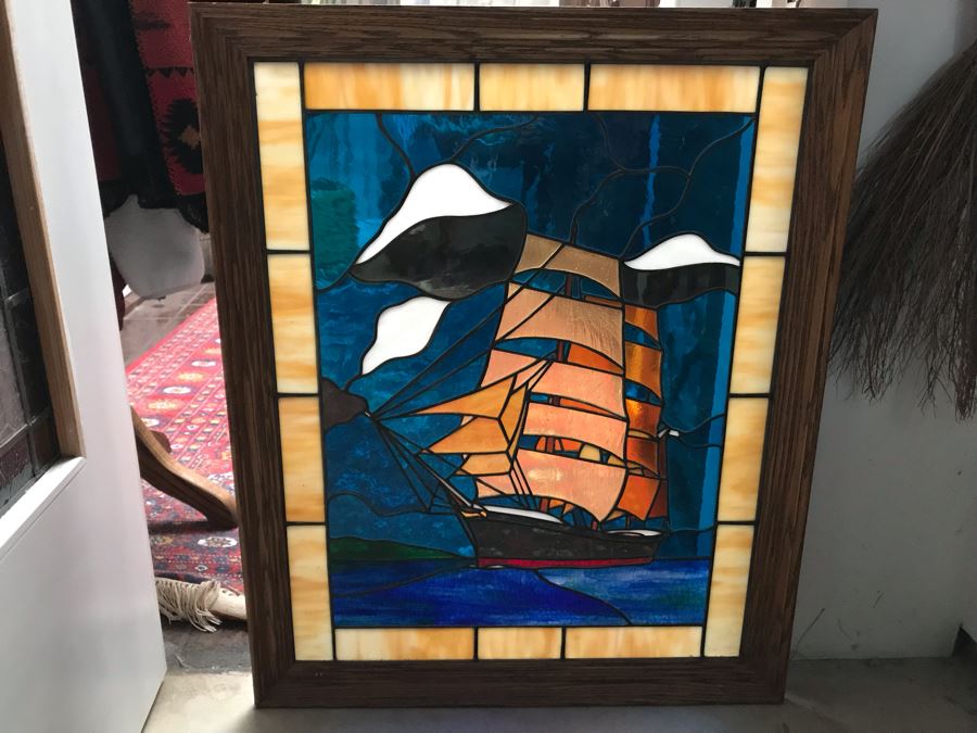 Stunning One-Of-A-Kind Handcrafted Artist Stained Glass Window Of The Star Of India Sailboat By Maria C. 'Rita' Becker 27 X 33 [Photo 2]