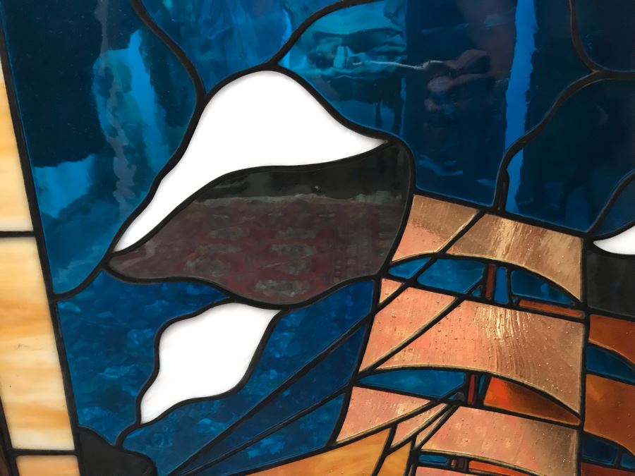 Stunning One-Of-A-Kind Handcrafted Artist Stained Glass Window Of The Star Of India Sailboat By Maria C. 'Rita' Becker 27 X 33 [Photo 8]