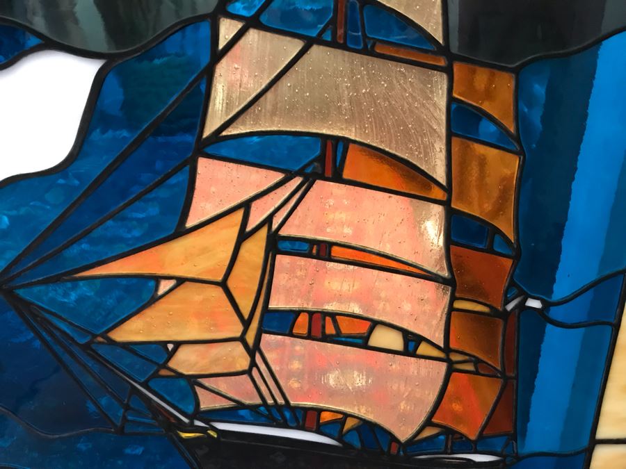 Stunning One-Of-A-Kind Handcrafted Artist Stained Glass Window Of The Star Of India Sailboat By Maria C. 'Rita' Becker 27 X 33 [Photo 7]