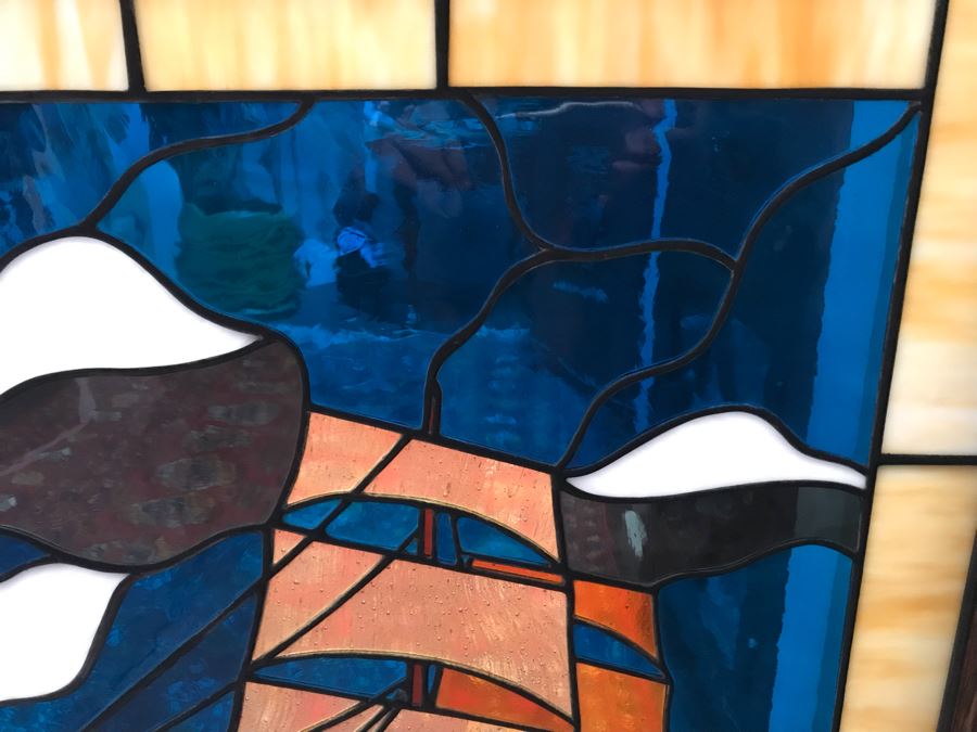 Stunning One-Of-A-Kind Handcrafted Artist Stained Glass Window Of The Star Of India Sailboat By Maria C. 'Rita' Becker 27 X 33 [Photo 9]