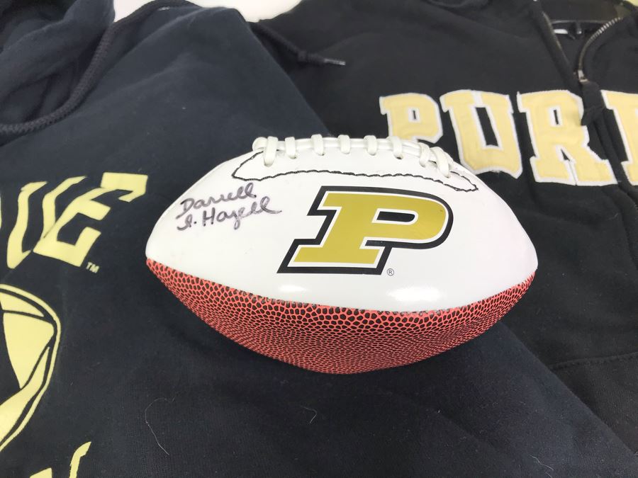 Pair Of Purdue Football Hooded Sweaters Size L / XL And Hand Signed Darrell Hazell Miniature Football [Photo 3]