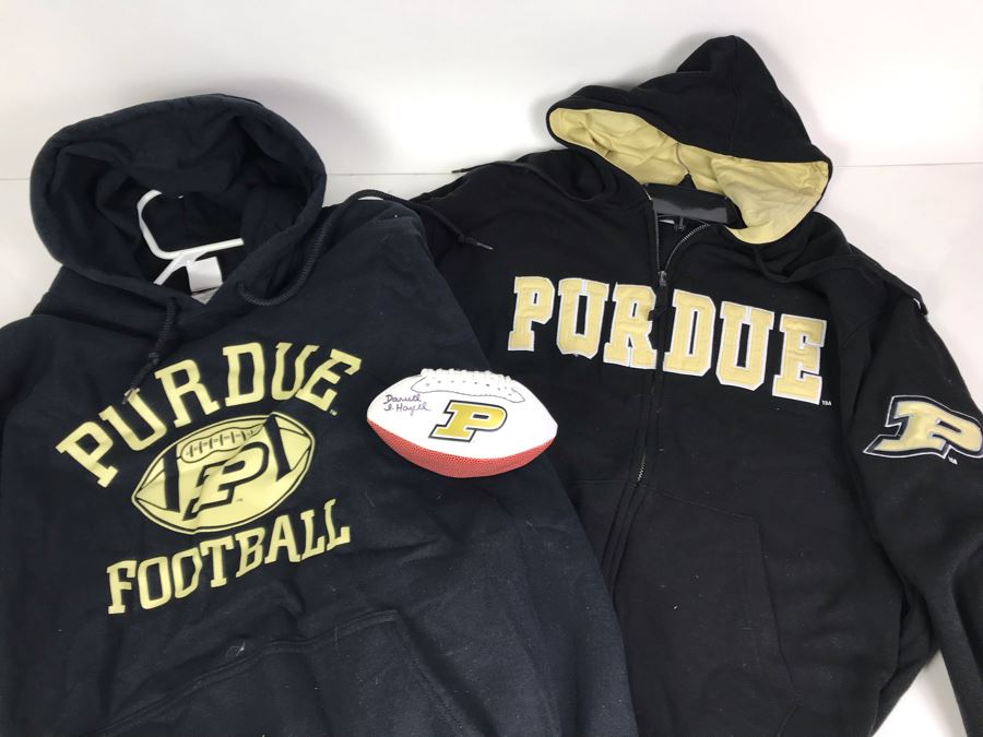 Pair Of Purdue Football Hooded Sweaters Size L / XL And Hand Signed Darrell Hazell Miniature Football [Photo 2]