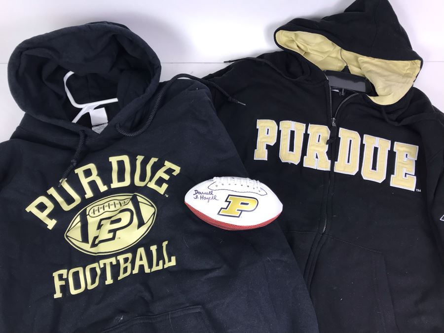 Pair Of Purdue Football Hooded Sweaters Size L / XL And Hand Signed Darrell Hazell Miniature Football [Photo 1]