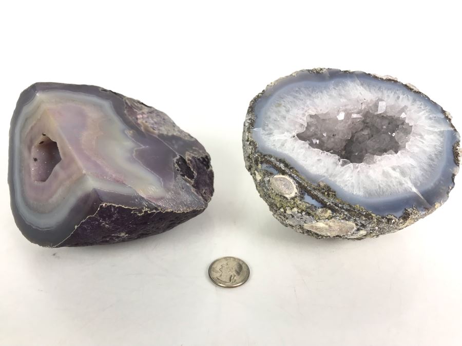 Pair Of Large Cut Polished Geodes - One Is Bright Purple 5.5W