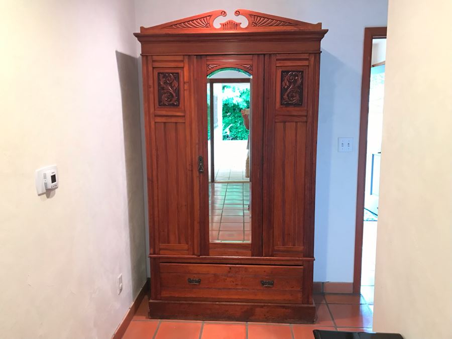Antique 3-Piece Carved Wooden Cabinet Armoire With Beveled Glass Door And Drawer 47W X 18D X 84H - La Jolla Estate (LJE) [Photo 3]