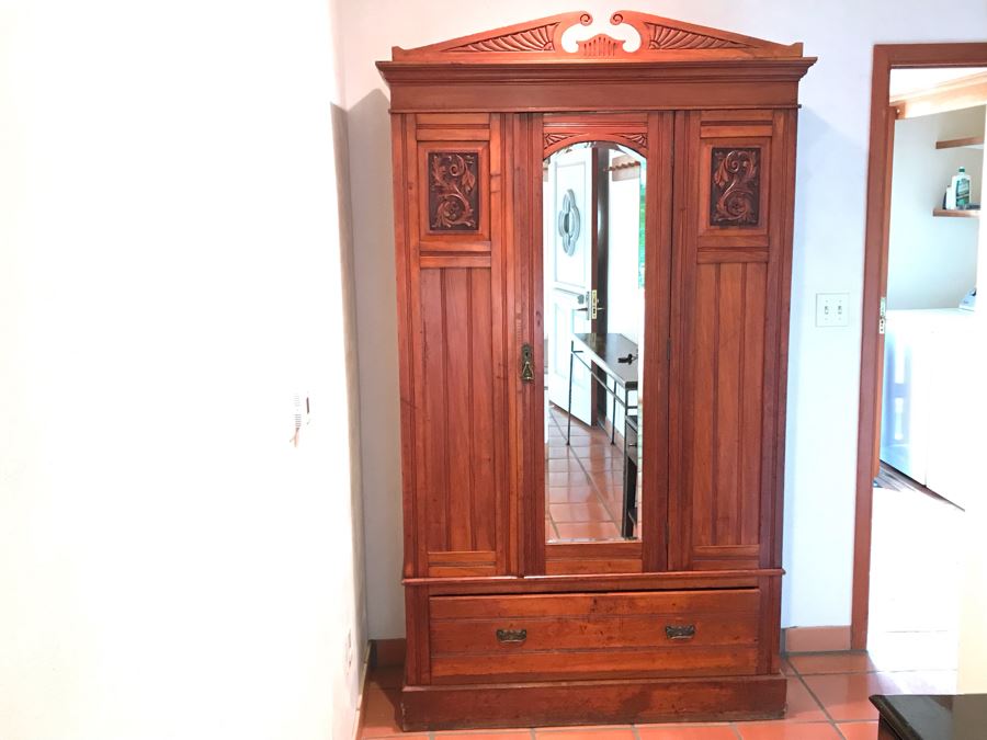 Antique 3-Piece Carved Wooden Cabinet Armoire With Beveled Glass Door And Drawer 47W X 18D X 84H - La Jolla Estate (LJE) [Photo 1]