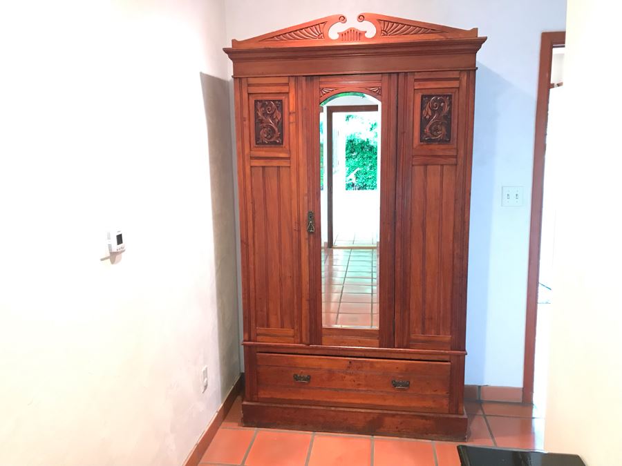 Antique 3-Piece Carved Wooden Cabinet Armoire With Beveled Glass Door And Drawer 47W X 18D X 84H - La Jolla Estate (LJE) [Photo 4]