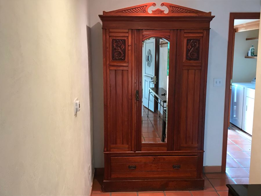 Antique 3-Piece Carved Wooden Cabinet Armoire With Beveled Glass Door And Drawer 47W X 18D X 84H - La Jolla Estate (LJE) [Photo 5]