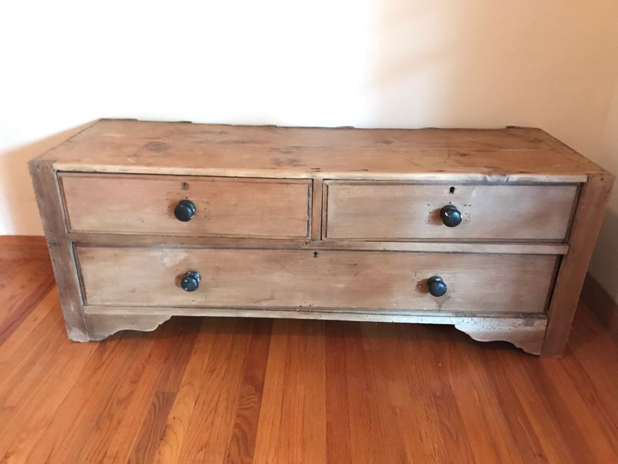 Antique Primitive Pine Bench 3-Drawer Chest Of Drawers Dresser 52W X 17D X 20H - LJE [Photo 3]