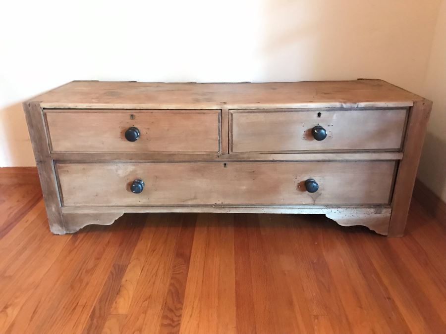 Antique Primitive Pine Bench 3-Drawer Chest Of Drawers Dresser 52W X 17D X 20H - LJE [Photo 1]