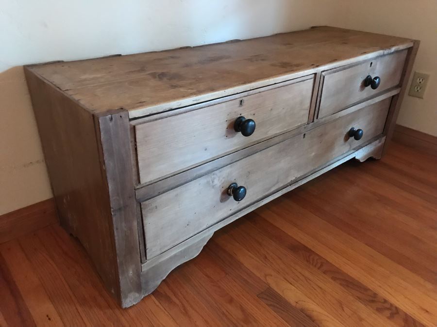 Antique Primitive Pine Bench 3-Drawer Chest Of Drawers Dresser 52W X 17D X 20H - LJE [Photo 5]
