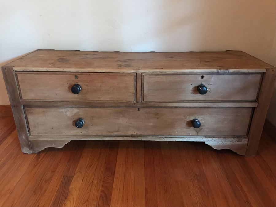 Antique Primitive Pine Bench 3-Drawer Chest Of Drawers Dresser 52W X 17D X 20H - LJE [Photo 2]