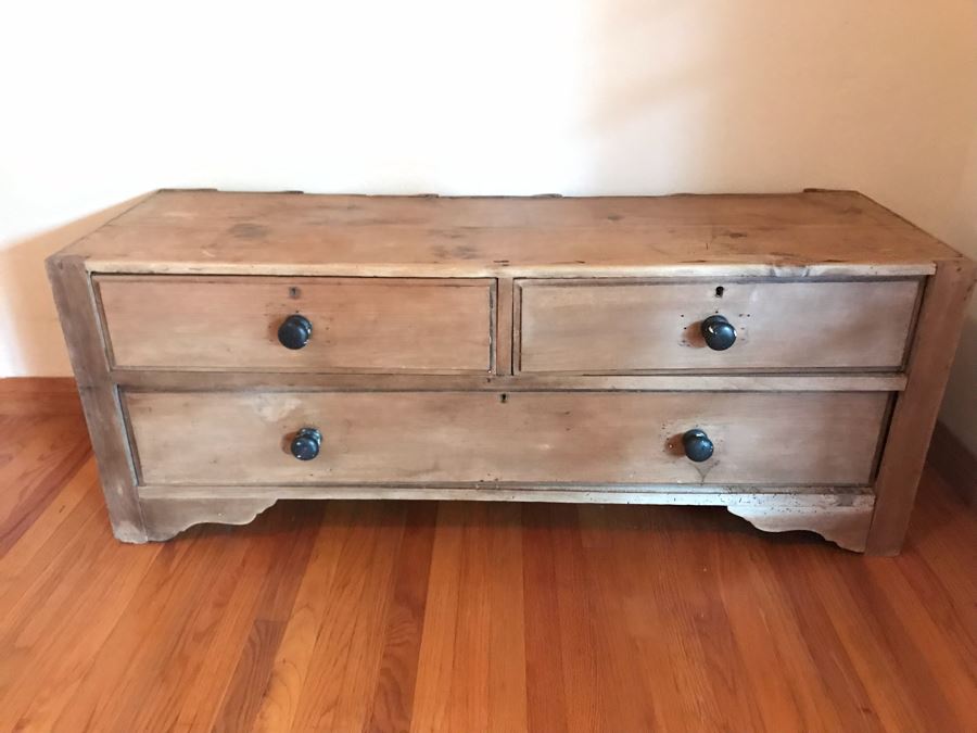 Antique Primitive Pine Bench 3-Drawer Chest Of Drawers Dresser 52W X 17D X 20H - LJE [Photo 4]