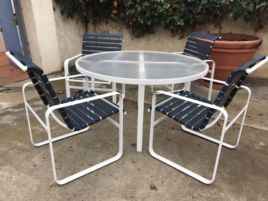 (4) Tropitone Mid-Century Modern Style Strap Aluminum Chairs With Round Table - LJE
