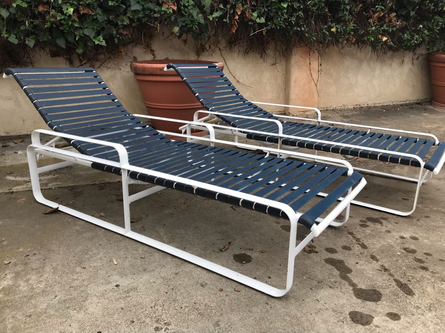 Pair Of Tropitone Mid-Century Modern Style Strap Aluminum Chaise Lounge Chairs - LJE